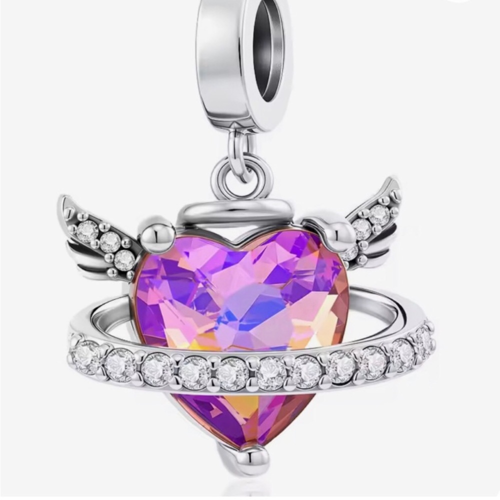 Sterling Silver Winged Heart Charm Pendant with Purple Pink Crystal